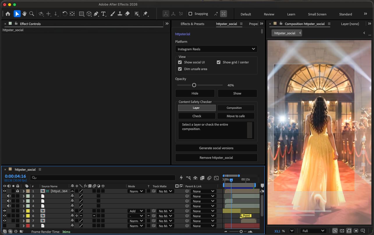 httpster_social plugin panel docked inside Adobe After Effects with safe-zone controls and composition preview